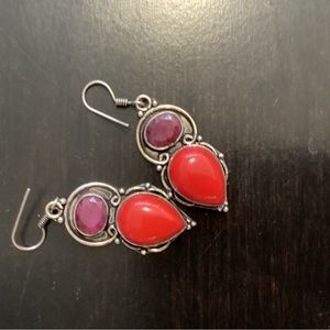 Red coral and ruby silver earrings